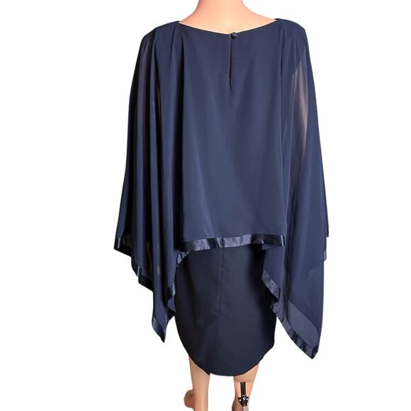 Talbots Navy Blue Sleeveless Chiffon Cape Dress 8 Silk Trim Evening Wear Luxe - Picture 4 of 5